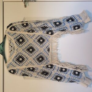 Haute Hippie Crochet Fringe Cropped Sweater - Cream and Navy